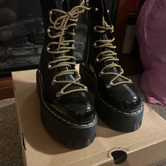 Dr. Martens Black Boots with Yellow Laces - Picture 1 of 3